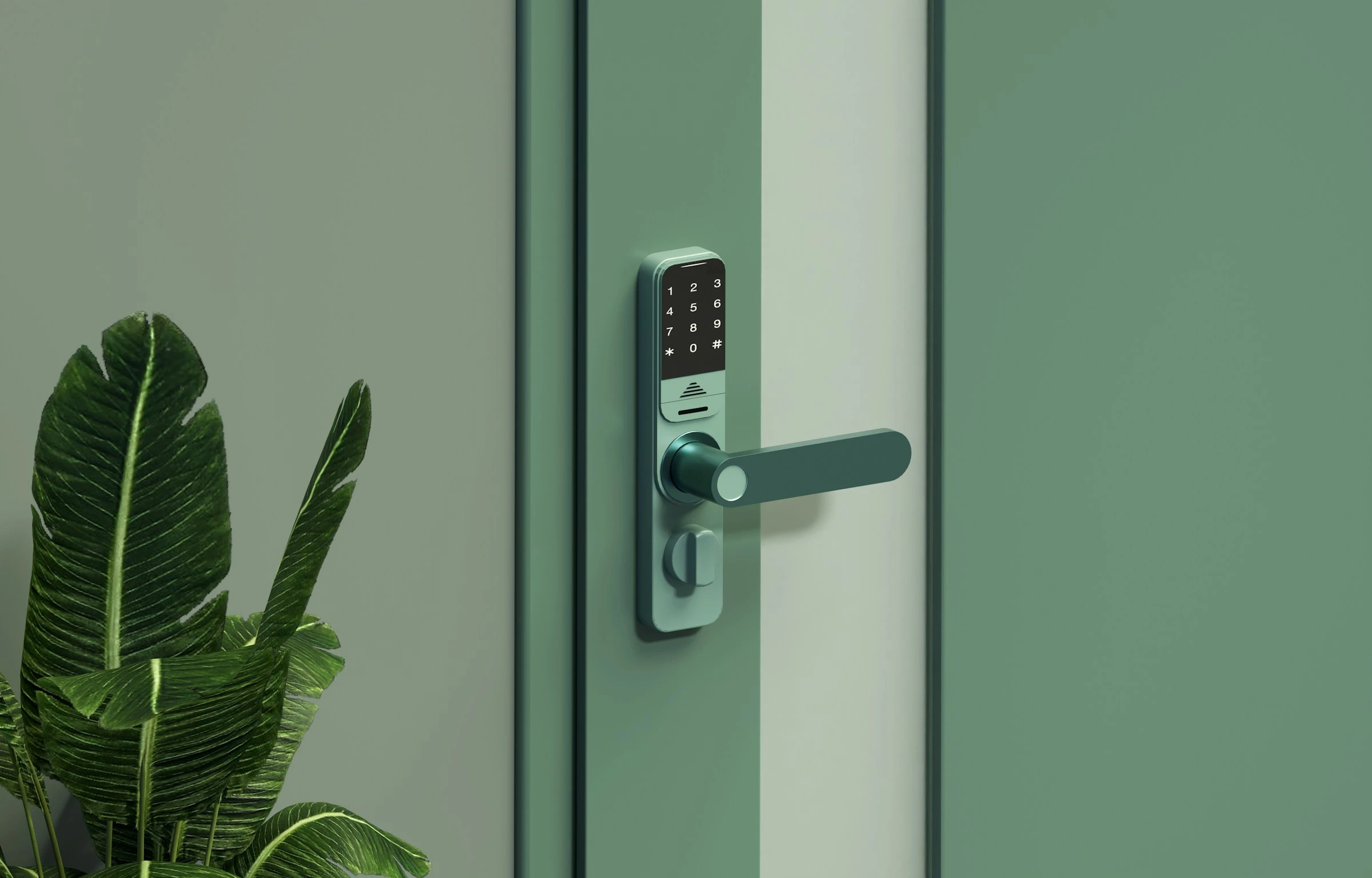 Smart door lock on a green door